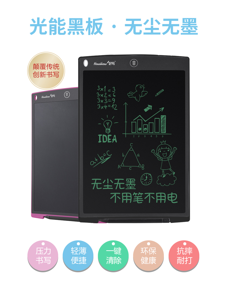 光能黑板無塵無墨，顛覆傳統(tǒng)創(chuàng)新書寫；壓力書寫、輕薄便捷、一鍵清除、環(huán)保健康、抗摔耐打